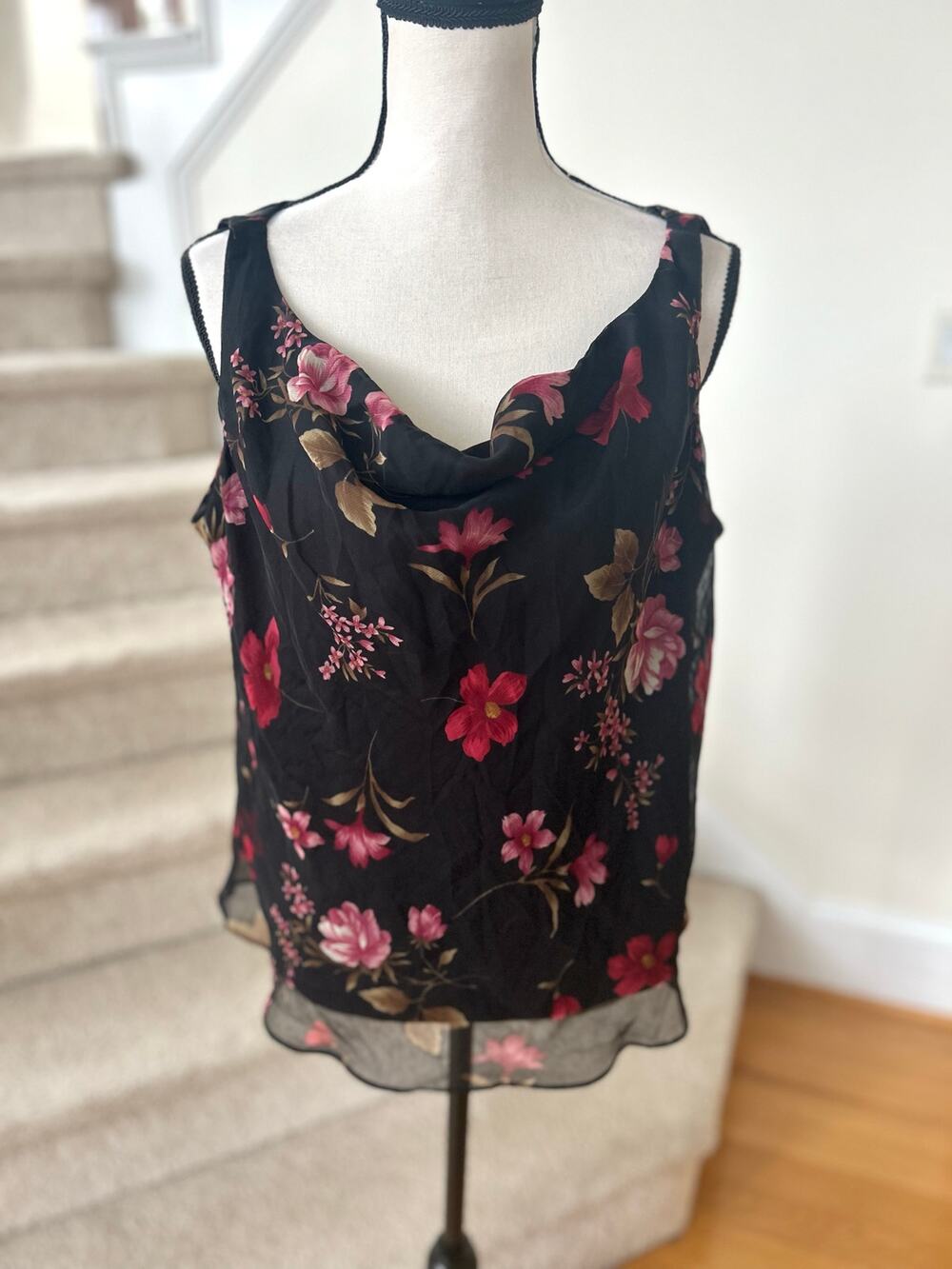 Vintage Y2k Whimsygoth Fairy Coquette Black Pink Floral Cowl Slip Tank Top